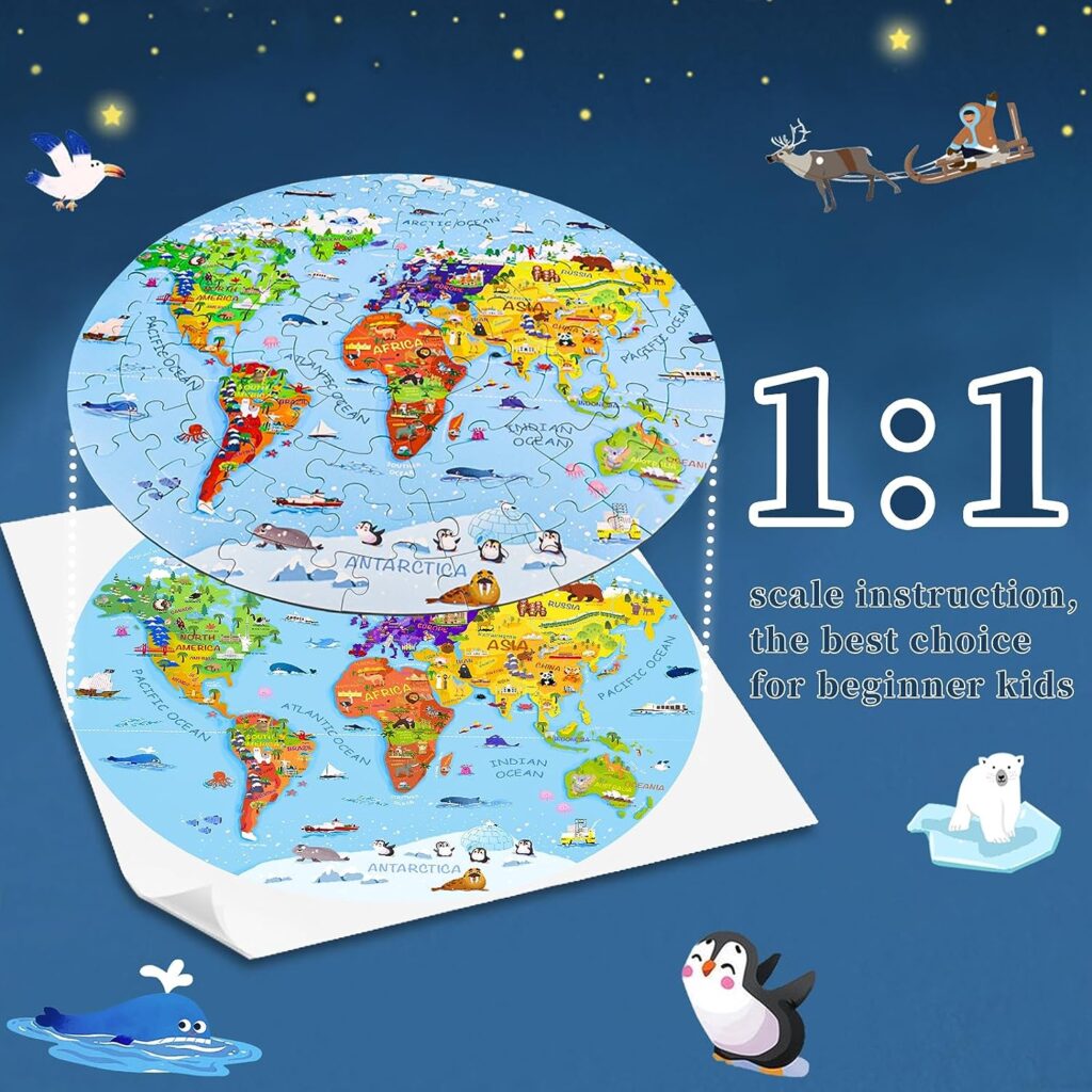 DIGOBAY World Map Jigsaw Puzzle for Kids 4-8, 70 Piece Globe Large Round Floor Puzzles for Kids Ages Toddler Puzzle Geography Games Educational Toys Birthday Gifts for Children