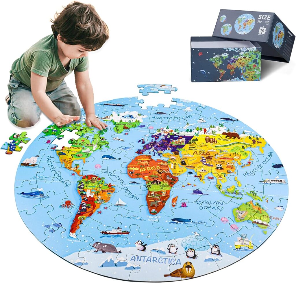 DIGOBAY World Map Jigsaw Puzzle for Kids 4-8, 70 Piece Globe Large Round Floor Puzzles for Kids Ages Toddler Puzzle Geography Games Educational Toys Birthday Gifts for Children